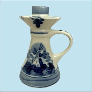 Handpainted Delft Blue Candle Holder Dutch Windmill Ceramic Holland 5”